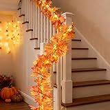9.8FT 60LED Fall Garland with Lights, 8 Lighting Modes, Battery Powered Maple Leaves String Lights, Fall Decorations for Autumn, Thanksgiving, Halloween, Home Room, Indoor Outdoor