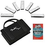 Fender Blues Deluxe Harmonica Pack of 7 Bundle with Carrying Case, Austin Bazaar Beginner Manual, and Polishing Cloth - Keys A, Bb, C, D, E, F, and G