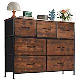 OLIXIS Dresser Nightstand for Bedroom, 7 Storage Drawers, Wide Fabric Closet Chests Organizer Tower Furniture, TV Stand with Wooden Top Frame for Clothes, Living Room, Hallway, Rust Brown