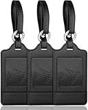 3 Pack Luggage Tags - Quick Install, Privacy Protection, Airplane Travel Essentials for Suitcases, Durable Leather - Black