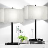 21" Touch Bedside lamps with 2 USB & AC Outlets, 3-Way Dimmable Bedside Table Lamps Set of 2 for Bedroom Living Room Office Reading, Gray Shade Lamps for Night Stands, 5000K LED Bulbs Included