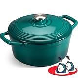 Overmont Enameled Cast Iron Dutch Oven - 5.5QT Pot with Lid Cookbook & Cotton Potholders - Heavy-Duty Cookware for Braising, Stews, Roasting, Sourdough Baking Bottle green