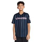 Messi Boys' Lifestyle Short Sleeve Top, Loose-Fit Shirt with Logo, Comfortable, All-Day Wear, Striped V-Neck TOP - Stretch Limo, 6