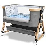 whiffee 3 in 1 Baby Bassinet,Bedside Sleeper with Storage Basket and Wheels,Portable Baby Crib with Mosquito Net, 6 Adjustable Height & Breathable Mesh,Easy to Fold (Brown&Black)
