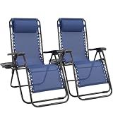 Sweetcrispy Zero Gravity Chairs Set of 2, Outdoor Folding Reclining Lounge Chair with Cup Holder Tray & Adjustable Pillow, Portable Camping Beach Patio Poolside Lawn Yard Chair, Classic Blue
