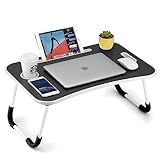 FISYOD Foldable Laptop Table, Portable Lap Desk Bed Table Tray, Laptop Stand with Cup Holder & Tablet Slot & Lifting Handle for Working Writing Drawing & Eating (Black)