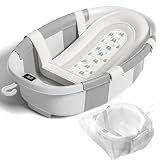 Collapsible Baby Bathtub with Soft Cushion and Thermometer, Newborn to Toddler Tub 0-36 Months with Toy Storage Mesh Bag, Portable Travel Bath for Infants (Grey)