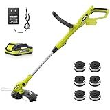 EWORK 20V Electric Weed Wacker 12-Inch Trimmer and Edger with Auto Line Feed, Cordless String Trimmer with 2.0Ah Battery and Charger & 6 Replacement Spools for Lawn, Garden, Yard, etc