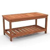 Tangkula Wood Outdoor Coffee Table, 2-Tier Patio Coffee Table with Slatted Hardwood Tabletop & Storage Shelf, Rectangle Wood Table for Deck, Garden, Balcony, Indoor or Outdoor Use (Natural)