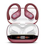 Qecnato Wireless Earbuds Bluetooth 5.4 Headphones 75H Stereo Deep Bass Sports Over Ear Buds with Earhooks, LED Display Bluetooth Earbuds with 4 ENC Mic, IP7 Waterproof Earphone for Running, Red