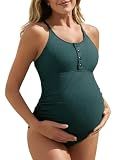 Summer Mae Maternity Swimsuit One Piece Bathing Suit Button Neck Cross Back Green L