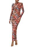 PRETTYGARDEN Women's Long Sleeve Maxi Dress 2026 Spring Ruched Bodycon Floral Mesh Formal Wedding Guest Cocktail Party Dresses (Black Multicolored Floral,M)