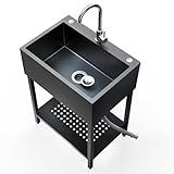 26" Freestanding Stainless Steel Utility Sink, Single Bowl Kitchen Sinks w/Storage Shelve, Black Heavy Duty Sinks with Cold & Hot Water Pipe for Commercial Laundry Room Farmhouse, 12-Gallon Basin