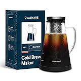 OVALWARE Airtight Cold Brew Iced Coffee Maker Pitcher and Tea Infuser with Spout - 1.0L / 34oz Ovalware RJ3 Brewing Glass Carafe with Removable Stainless Steel Filter