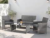 4 Piece Patio Ratten Set Outdoor Furniture Set Wicker Conversation Set with Cushions and Tempered Glass Tabletop,Grey