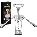 STARSHINING Wine Opener,Heavy-Duty Zinc Alloy Wing Corkscrew Wine Bottle Opener with Sharp Spiral Screw,Round Handles,Matte Silver