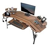 EUREKA ERGONOMIC 72" Gaming Desk W Keyboard Tray, Wing-Shaped Music Studio Desk, Large Computer Table W LED Convertible Monitor Stand Dual Headphone Hanger for Recording Live Streamer, Walnut Wood