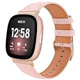 TiMOVO Leather Band Compatible with Fitbit Versa 4/Fitbit Versa 3/Fitbit Sense 2/Sense Watch Bands, Top Grain Genuine Classic Leather Replacement Wristbands Straps for Women Men, Pink