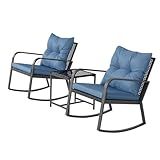 HLNPTN 3 Piece Rocking Bistro Patio Set, Outdoor Rocking Chair, Outdoor Bistro Sets Wicker Patio Furniture Rocking Chairs Sectional Couch with Tempered Glass Top Coffee Table & Cushions, Dark Blue