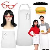 MOVINPE Burger Shop Couple Costume Set for Adults, Chef & Waitress Outfit with Aprons, Wig, Beard, Glasses & Hamburger Prop – Funny Restaurant-Themed Halloween Cosplay for Men & Women