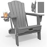 THOEOE Folding Adirondack Chair,HDPE All-Weather Outdoor Chair with Cup Holder,Wooden Textured,Fire Pit Chair,Plastic Patio Chair for Deck,Backyard,Garden,Lawn, Grey