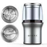 Secura Electric Coffee Grinder and Spice Grinder with 2 Stainless Steel Blades Removable Bowls