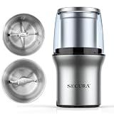 Secura Electric Coffee and Spice Grinder, 2 Removable Bowls, Stainless