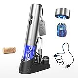 CIRCLE JOY Electric Wine Opener 7-in-1 Stainless Steel Rechargeable Electric Wine Bottle Opener Set with Automatic Vacuum Pump, Foil Cutter, Wine Pourer, 2 Vacuum Stoppers & Charging Station, Silver