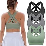 Sports Bras for Women High Support: Padded Workout Strappy Criss Cross Back Running Yoga Gym Seamless Medium Impact Push Up Crazy Girl Plus Size Bra 3 Pack Top Multipack Large Bust Breast White Black