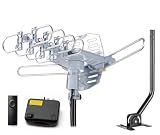 PBD Amplified Outdoor TV Antenna with 360° Motorized Rotation, UHF/VHF Long-Range Reception, Remote Control, Mounting Pole & 40FT RG6 Cable, Dual TV Outputs, Supports 4K/1080P Smart & Older TVs