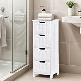 Saicool Bathroom Floor Storage Cabinet, Freestanding Wooden Side Organizer w/4 Drawers & Anti-Tip Kit for Bathroom Living Room Hallway Office Study, White