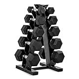 Cap Barbell 150 LB Rubber Coated Hex Dumbbell Hand Weight Set with Vertical Storage Rack - Chrome Handle | Black Rack