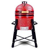 London Sunshine Ceramic Kamado Charcoal BBQ Grill and Smoker, Stainless Steel Grates -15" Ceramic with Tall Stand (RED)