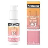 Neutrogena Invisible Daily Defense Broad Spectrum SPF 60, Antioxidants for Skin Glow, Hydrating Face Sunscreen Serum, Water Resistant (80 minutes), Oil-Free, Fragrance Free, Non Comedogenic, 1.7 Fl Oz