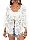 Yesfashion Women's 3/4 Sleeve Summer Lightweight Knit Cropped Shrugs Solid Cardigan Sweater Beige