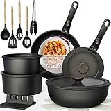 Astercook 21 Pcs Pots and Pans Set Non Stick, Ceramic Cookware Set Detachable Handle, RV Kitchen Cooking Set Removable Handles, Oven Safe, Induction Ready, Stackable Non-stick Set, Black
