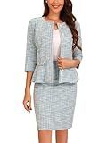 Allegra K Women's 2 Piece Tweed Skirt Set Suit 3/4 Sleeve Jacket Pencil Skirt Elegant Business Suits for Women X-Large Light Blue