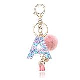 OKAICEN Pink-Purple Resin Alphabet Initial Letter Keychain Key Ring for Women Grils Purse Handbags with Faux Rabbit Fur Ball Pom('A')