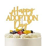 Happy Adoption Day Cake Topper - Love Makes a Family Cake Decor, Child Pet Adoption Anniversary Party Supplies Gold Glitter