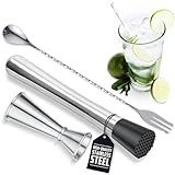 3 Pcs Muddler for Cocktails Set - Bar Muddler Tool with Sturdy Head, Versatile Cocktail Spoon & Jigger, Easy to Use & Clean, Stylish Rust-Resistant Stirring Tool - Bar Tools for Drinks Mixing