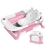 Collapsible Baby Bathtub,Baby Bath Tub with Thermometer & Soft Cushion,Baby Bathtub for Newborn to Toddler 0-36 Months,Portable Travel Baby Tub with No-Slip Feet,Baby Shower Gifts,Pink