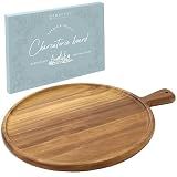 Grazerie Charcuterie Board - Round Acacia Wood Cutting Board for Kitchen with Handle, Cheese Board for Chopping Vegetables, Bread, Fruits, Meat - Decorative Wooden Serving Tray House Warming Gift