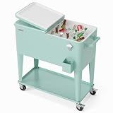VINGLI 80 Quart Rolling Ice Chest, Portable Patio Party Bar Drink Cooler Cart, with Shelf, Beverage Pool with Bottle Opener (Green)
