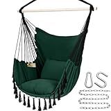 Y- STOP Hammock Chair Hanging Rope Swing, Max 500 Lbs, 2 Cushions Included, Large Macrame Hanging Chair with Pocket for Superior Comfort, with Hardware Kit, Green