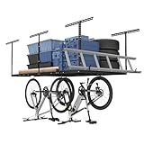 FLEXIMOUNTS 4x8 Overhead Metal Garage Storage Rack w/Hooks Adjustable Ceiling Storage Rack, 96" Length x 48" Width x 40" Height, 22''-40" Ceiling Dropdown, Black