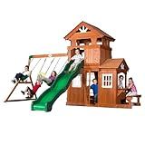Backyard Discovery Shenandoah Cedar Wood Swing Set with Wave Slide, Raised Clubhouse, Playhouse, Play Kitchen, Belt Swings, Trapeze, Rock Wall, Ladder, Picnic Table, Full Door, Outdoor Playset