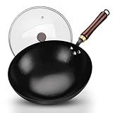 UMETRE Carbon Steel Wok Pan, Woks & Stir-Fry Pans with Glass Lid Cookwares, Nonstick Wok, No Chemical Coated Round Bottom Hand Hammered Chinese Wok for All Stovetop Type
