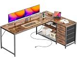 PRAISUN 61" L Shaped Desk with Power Outlets & USB-C Port, Reversible Computer Corner Office Desk with 4 Fabric Drawers and 2 Storage Shelves, Large Desk for Gaming Writing Study, Rustic Brown