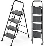 KINGRACK Folding 4 Step Ladder, Portable Ladder for Multi-Purpose, Home, Kitchen, Heavy Sturdy Steel Step Stool with Anti-Slip Wide Pedals, Handrail, Safe-Lock Design, Pass 500lbs Load Testing, Black