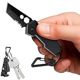 Mini Keychain Knife with Carabiner - 1.3" Tanto Serrated Blade - 6 in 1 Black Multitool - Bottle Opener Box Cutter Liner Lock - EDC Gadgets - Legal Folding Small Pocket Knives for Men Women Gifts 2248